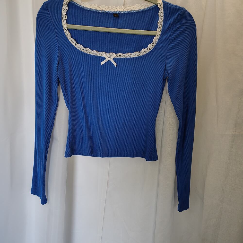 Blue Ribbed Lace Trim Long Sleeve Coquette Fairycore Y2K Top Women’s Small